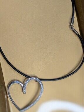 Vintage Sterling Silver Pave Heart Pendant on Leather Cord